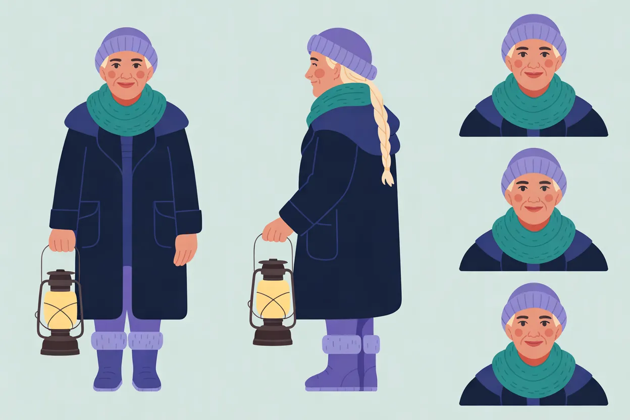 The Aurora Keeper character sheet: front and side views holding a lantern, and three expression portraits, on a pale blue-grey background