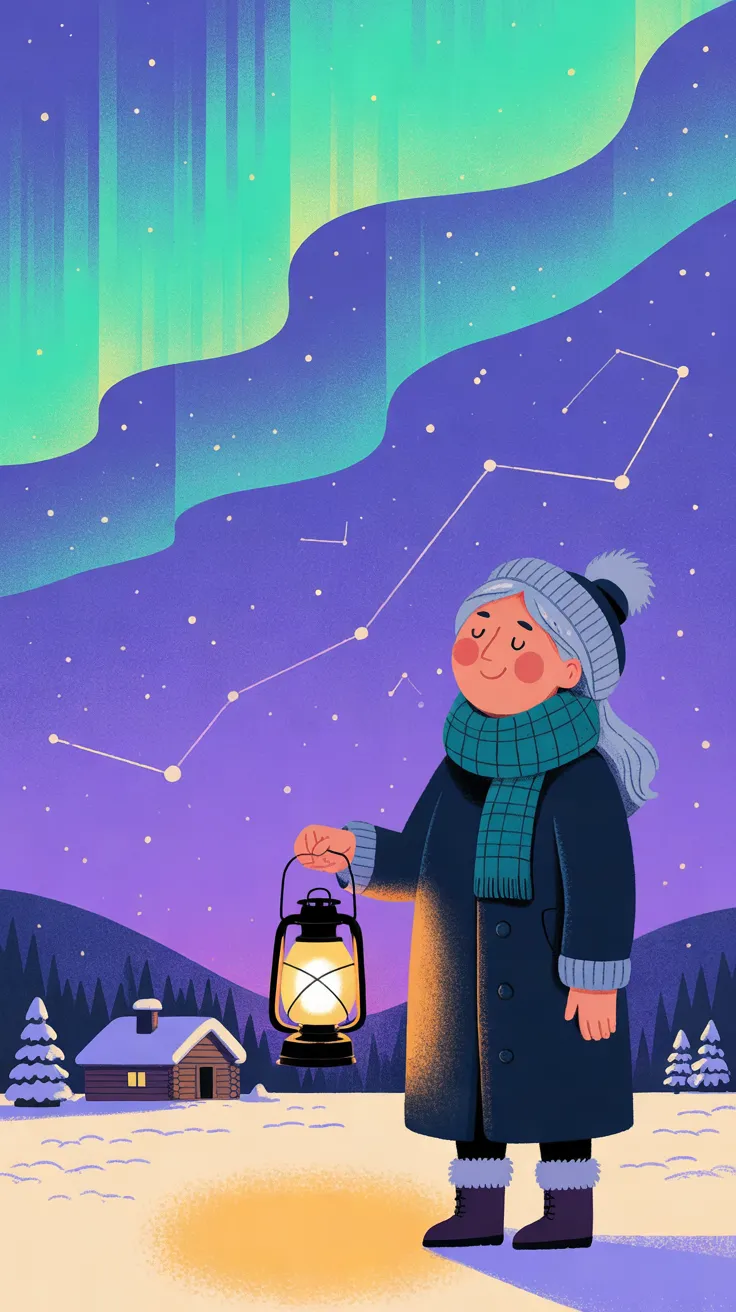 The Aurora Keeper standing in the snow with her lit lantern, green aurora ribbons and constellation lines overhead, a log cabin and pines behind her